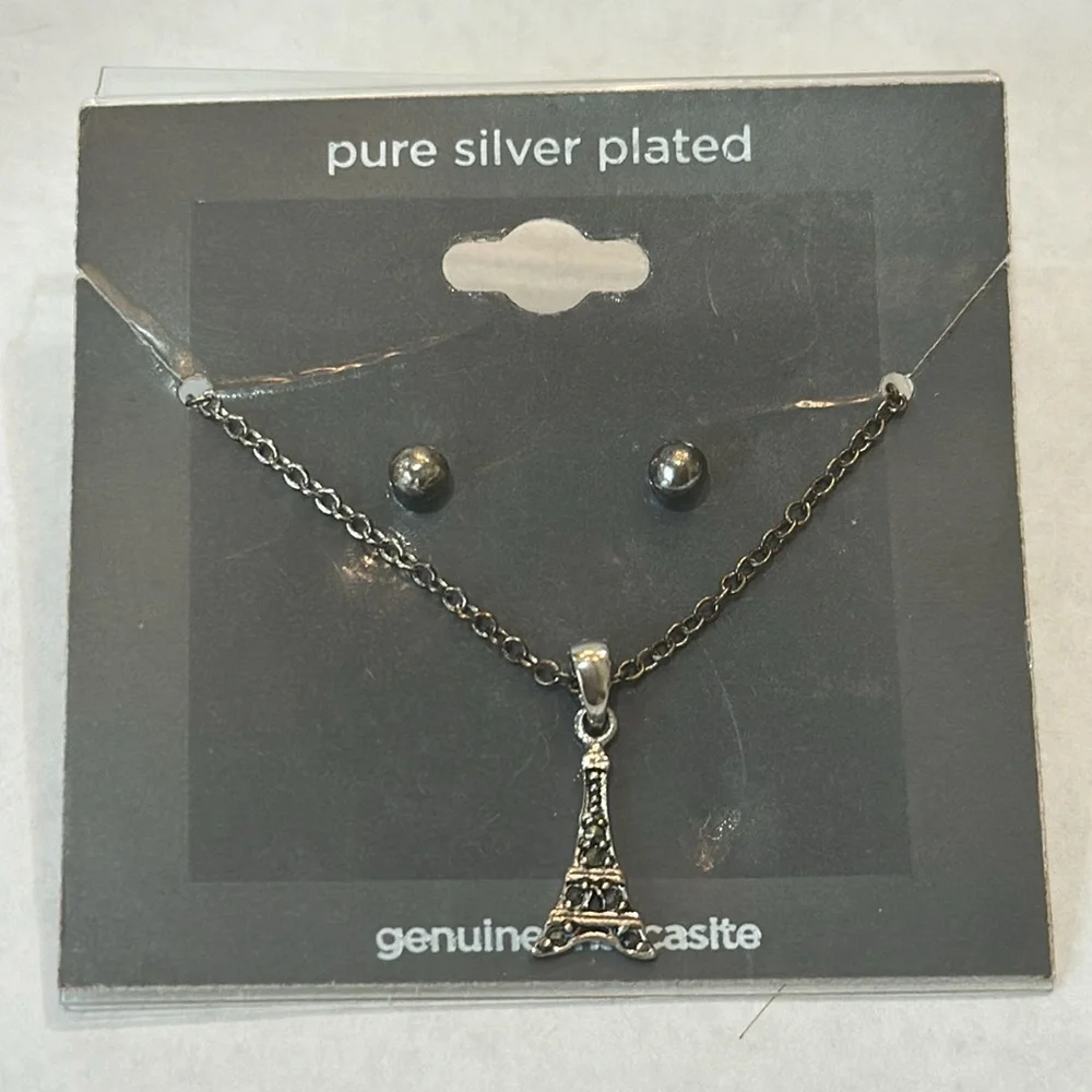 MARCASITE EIFFEL TOWER SILVER NECKLACE‎ AND EARRINGS